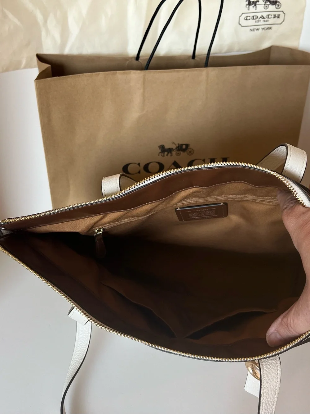 Coach Women's Beige Signature Tote with White Floral Trim